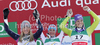 Winner Elisabeth Goergl of Austria (M), second placed Lindsey Vonn of USA (L) and third placed Maria Riesch of Germany (R) celebrate their medals won in women downhill race of FIS alpine skiing World Championships in Garmisch-Partenkirchen, Germany. Women downhill race of FIS alpine skiing World Championships, was held on Sunday, 13th of February 2011, in Garmisch-Partenkirchen, Germany.
