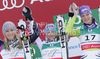 Winner Elisabeth Goergl of Austria (M), second placed Lindsey Vonn of USA (L) and third placed Maria Riesch of Germany (R) celebrate their medals won in women downhill race of FIS alpine skiing World Championships in Garmisch-Partenkirchen, Germany. Women downhill race of FIS alpine skiing World Championships, was held on Sunday, 13th of February 2011, in Garmisch-Partenkirchen, Germany.
