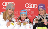 Winner Elisabeth Goergl of Austria (M), second placed Lindsey Vonn of USA (L) and third placed Maria Riesch of Germany (R) celebrate their medals won in Women downhill race of FIS alpine skiing World Championships in Garmisch-Partenkirchen, Germany. Women downhill race of FIS alpine skiing World Championships, was held on Sunday, 13th of February 2011, in Garmisch-Partenkirchen, Germany.
