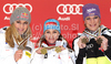 Winner Elisabeth Goergl of Austria (M), second placed Lindsey Vonn of USA (L) and third placed Maria Riesch of Germany (R) celebrate their medals won in Women downhill race of FIS alpine skiing World Championships in Garmisch-Partenkirchen, Germany. Women downhill race of FIS alpine skiing World Championships, was held on Sunday, 13th of February 2011, in Garmisch-Partenkirchen, Germany.
