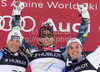 Winner Aksel Lund Svindal of Norway (M), second placed Christof Innerhofer of Italy (L) and third placed Peter Fill of Italy (R) celebrate their medals won in men super combined race of FIS alpine skiing World Championships in Garmisch-Partenkirchen, Germany. Men super combined race of FIS alpine skiing World Championships, was held on Monday, 14th of February 2011, in Garmisch-Partenkirchen, Germany.

