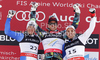 Winner Aksel Lund Svindal of Norway (M), second placed Christof Innerhofer of Italy (L) and third placed Peter Fill of Italy (R) celebrate their medals won in men super combined race of FIS alpine skiing World Championships in Garmisch-Partenkirchen, Germany. Men super combined race of FIS alpine skiing World Championships, was held on Monday, 14th of February 2011, in Garmisch-Partenkirchen, Germany.
