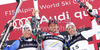 Winner Aksel Lund Svindal of Norway (M), second placed Christof Innerhofer of Italy (L) and third placed Peter Fill of Italy (R) celebrate their medals won in men super combined race of FIS alpine skiing World Championships in Garmisch-Partenkirchen, Germany. Men super combined race of FIS alpine skiing World Championships, was held on Monday, 14th of February 2011, in Garmisch-Partenkirchen, Germany.
