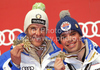 Second placed Christof Innerhofer of Italy (L) and third placed Peter Fill of Italy (R) celebrate their medals won in men super combined race of FIS alpine skiing World Championships in Garmisch-Partenkirchen, Germany. Men super combined race of FIS alpine skiing World Championships, was held on Monday, 14th of February 2011, in Garmisch-Partenkirchen, Germany.
