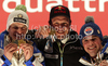 Winner Aksel Lund Svindal of Norway (M), second placed Christof Innerhofer of Italy (L) and third placed Peter Fill of Italy (R) celebrate their medals won in men super combined race of FIS alpine skiing World Championships in Garmisch-Partenkirchen, Germany. Men super combined race of FIS alpine skiing World Championships, was held on Monday, 14th of February 2011, in Garmisch-Partenkirchen, Germany.
