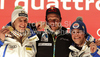 Winner Aksel Lund Svindal of Norway (M), second placed Christof Innerhofer of Italy (L) and third placed Peter Fill of Italy (R) celebrate their medals won in men super combined race of FIS alpine skiing World Championships in Garmisch-Partenkirchen, Germany. Men super combined race of FIS alpine skiing World Championships, was held on Monday, 14th of February 2011, in Garmisch-Partenkirchen, Germany.
