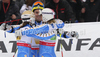 Maria Pietilae-Holmer of Sweden, Matts Olsson of Sweden and Anja Paerson of Sweden react in finish of team race of FIS alpine skiing World Championships in Garmisch-Partenkirchen, Germany. Team race of FIS alpine skiing World Championships, was held on Wednesday, 16th of February 2011, in Garmisch-Partenkirchen, Germany.
