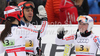 Anemone Marmottan of France, Gauthier De Tessiers of France and Tessa Worley of France react in finish of team race of FIS alpine skiing World Championships in Garmisch-Partenkirchen, Germany. Team race of FIS alpine skiing World Championships, was held on Wednesday, 16th of February 2011, in Garmisch-Partenkirchen, Germany.
