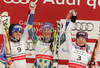 Winner Tina Maze of Slovenia (M), second placed Federica Brignone of Italy (L) and third placed Tessa Worley of France (R) celebrate their medals won in Women giant slalom race of FIS alpine skiing World Championships in Garmisch-Partenkirchen, Germany. Women giant slalom race of FIS alpine skiing World Championships, was held on Thursday, 17th of February 2011, in Garmisch-Partenkirchen, Germany.
