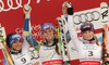 Winner Tina Maze of Slovenia (M), second placed Federica Brignone of Italy (L) and third placed Tessa Worley of France (R) celebrate their medals won in Women giant slalom race of FIS alpine skiing World Championships in Garmisch-Partenkirchen, Germany. Women giant slalom race of FIS alpine skiing World Championships, was held on Thursday, 17th of February 2011, in Garmisch-Partenkirchen, Germany.
