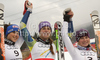 Winner Tina Maze of Slovenia (M), second placed Federica Brignone of Italy (L) and third placed Tessa Worley of France (R) celebrate their medals won in Women giant slalom race of FIS alpine skiing World Championships in Garmisch-Partenkirchen, Germany. Women giant slalom race of FIS alpine skiing World Championships, was held on Thursday, 17th of February 2011, in Garmisch-Partenkirchen, Germany.
