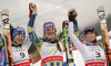 Winner Tina Maze of Slovenia (M), second placed Federica Brignone of Italy (L) and third placed Tessa Worley of France (R) celebrate their medals won in Women giant slalom race of FIS alpine skiing World Championships in Garmisch-Partenkirchen, Germany. Women giant slalom race of FIS alpine skiing World Championships, was held on Thursday, 17th of February 2011, in Garmisch-Partenkirchen, Germany.
