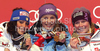 Winner Tina Maze of Slovenia (M), second placed Federica Brignone of Italy (L) and third placed Tessa Worley of France (R) celebrate their medals won in Women giant slalom race of FIS alpine skiing World Championships in Garmisch-Partenkirchen, Germany. Women giant slalom race of FIS alpine skiing World Championships, was held on Thursday, 17th of February 2011, in Garmisch-Partenkirchen, Germany.
