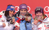 Winner Tina Maze of Slovenia (M), second placed Federica Brignone of Italy (L) and third placed Tessa Worley of France (R) celebrate their medals won in Women giant slalom race of FIS alpine skiing World Championships in Garmisch-Partenkirchen, Germany. Women giant slalom race of FIS alpine skiing World Championships, was held on Thursday, 17th of February 2011, in Garmisch-Partenkirchen, Germany.
