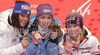 Winner Tina Maze of Slovenia (M), second placed Federica Brignone of Italy (L) and third placed Tessa Worley of France (R) celebrate their medals won in Women giant slalom race of FIS alpine skiing World Championships in Garmisch-Partenkirchen, Germany. Women giant slalom race of FIS alpine skiing World Championships, was held on Thursday, 17th of February 2011, in Garmisch-Partenkirchen, Germany.
