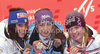 Winner Tina Maze of Slovenia (M), second placed Federica Brignone of Italy (L) and third placed Tessa Worley of France (R) celebrate their medals won in Women giant slalom race of FIS alpine skiing World Championships in Garmisch-Partenkirchen, Germany. Women giant slalom race of FIS alpine skiing World Championships, was held on Thursday, 17th of February 2011, in Garmisch-Partenkirchen, Germany.
