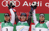 Winner Ted Ligety of USA (M), second placed Cyprien Richard of France (L) and third placed Philipp Schoerghofer of Austria celebrate their medals won in Men giant slalom race of FIS alpine skiing World Championships in Garmisch-Partenkirchen, Germany. Men giant slalom race of FIS alpine skiing World Championships, was held on Friday, 18th of February 2011, in Garmisch-Partenkirchen, Germany.
