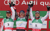 Winner Ted Ligety of USA (M), second placed Cyprien Richard of France (L) and third placed Philipp Schoerghofer of Austria celebrate their medals won in Men giant slalom race of FIS alpine skiing World Championships in Garmisch-Partenkirchen, Germany. Men giant slalom race of FIS alpine skiing World Championships, was held on Friday, 18th of February 2011, in Garmisch-Partenkirchen, Germany.
