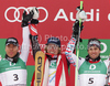 Winner Ted Ligety of USA (M), second placed Cyprien Richard of France (L) and third placed Philipp Schoerghofer of Austria celebrate their medals won in Men giant slalom race of FIS alpine skiing World Championships in Garmisch-Partenkirchen, Germany. Men giant slalom race of FIS alpine skiing World Championships, was held on Friday, 18th of February 2011, in Garmisch-Partenkirchen, Germany.
