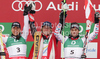 Winner Ted Ligety of USA (M), second placed Cyprien Richard of France (L) and third placed Philipp Schoerghofer of Austria celebrate their medals won in Men giant slalom race of FIS alpine skiing World Championships in Garmisch-Partenkirchen, Germany. Men giant slalom race of FIS alpine skiing World Championships, was held on Friday, 18th of February 2011, in Garmisch-Partenkirchen, Germany.
