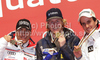 Winner Ted Ligety of USA (M), second placed Cyprien Richard of France (L) and third placed Philipp Schoerghofer of Austria (R) celebrate their medals won in Men giant slalom race of FIS alpine skiing World Championships in Garmisch-Partenkirchen, Germany. Men giant slalom race of FIS alpine skiing World Championships, was held on Friday, 18th of February 2011, in Garmisch-Partenkirchen, Germany.
