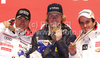 Winner Ted Ligety of USA (M), second placed Cyprien Richard of France (L) and third placed Philipp Schoerghofer of Austria (R) celebrate their medals won in Men giant slalom race of FIS alpine skiing World Championships in Garmisch-Partenkirchen, Germany. Men giant slalom race of FIS alpine skiing World Championships, was held on Friday, 18th of February 2011, in Garmisch-Partenkirchen, Germany.
