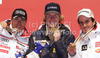 Winner Ted Ligety of USA (M), second placed Cyprien Richard of France (L) and third placed Philipp Schoerghofer of Austria (R) celebrate their medals won in Men giant slalom race of FIS alpine skiing World Championships in Garmisch-Partenkirchen, Germany. Men giant slalom race of FIS alpine skiing World Championships, was held on Friday, 18th of February 2011, in Garmisch-Partenkirchen, Germany.
