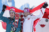 Winner Marlies Schild of Austria (R) and second placed Kathrin Zettel of Austria (L) celebrate their medals won in Women slalom race of FIS alpine skiing World Championships in Garmisch-Partenkirchen, Germany. Women slalom race of FIS alpine skiing World Championships, was held on Saturday, 19th of February 2011, in Garmisch-Partenkirchen, Germany.
