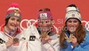 Winner Marlies Schild of Austria (M), second placed Kathrin Zettel of Austria (L) and third placed Maria Pietilae-Holmner of Sweden (R) celebrate their medals won in Women slalom race of FIS alpine skiing World Championships in Garmisch-Partenkirchen, Germany. Women slalom race of FIS alpine skiing World Championships, was held on Saturday, 19th of February 2011, in Garmisch-Partenkirchen, Germany.
