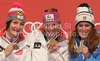 Winner Marlies Schild of Austria (M), second placed Kathrin Zettel of Austria (L) and third placed Maria Pietilae-Holmner of Sweden (R) celebrate their medals won in Women slalom race of FIS alpine skiing World Championships in Garmisch-Partenkirchen, Germany. Women slalom race of FIS alpine skiing World Championships, was held on Saturday, 19th of February 2011, in Garmisch-Partenkirchen, Germany.
