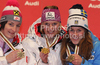 Winner Marlies Schild of Austria (M), second placed Kathrin Zettel of Austria (L) and third placed Maria Pietilae-Holmner of Sweden (R) celebrate their medals won in Women slalom race of FIS alpine skiing World Championships in Garmisch-Partenkirchen, Germany. Women slalom race of FIS alpine skiing World Championships, was held on Saturday, 19th of February 2011, in Garmisch-Partenkirchen, Germany.
