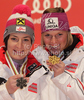 Winner Marlies Schild of Austria (R) and second placed Kathrin Zettel of Austria (L) celebrate their medals won in Women slalom race of FIS alpine skiing World Championships in Garmisch-Partenkirchen, Germany. Women slalom race of FIS alpine skiing World Championships, was held on Saturday, 19th of February 2011, in Garmisch-Partenkirchen, Germany.
