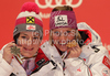 Winner Marlies Schild of Austria (R) and second placed Kathrin Zettel of Austria (L) celebrate their medals won in Women slalom race of FIS alpine skiing World Championships in Garmisch-Partenkirchen, Germany. Women slalom race of FIS alpine skiing World Championships, was held on Saturday, 19th of February 2011, in Garmisch-Partenkirchen, Germany.
