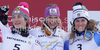 Winner Marlies Schild of Austria (M), second placed Kathrin Zettel of Austria (L) and third placed Maria Pietilae-Holmner of Sweden (R) celebrate their medals won in Women slalom race of FIS alpine skiing World Championships in Garmisch-Partenkirchen, Germany. Women slalom race of FIS alpine skiing World Championships, was held on Saturday, 19th of February 2011, in Garmisch-Partenkirchen, Germany.
