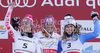 Winner Marlies Schild of Austria (M), second placed Kathrin Zettel of Austria (L) and third placed Maria Pietilae-Holmner of Sweden (R) celebrate their medals won in Women slalom race of FIS alpine skiing World Championships in Garmisch-Partenkirchen, Germany. Women slalom race of FIS alpine skiing World Championships, was held on Saturday, 19th of February 2011, in Garmisch-Partenkirchen, Germany.
