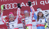 Winner Marlies Schild of Austria (M), second placed Kathrin Zettel of Austria (L) and third placed Maria Pietilae-Holmner of Sweden (R) celebrate their medals won in Women slalom race of FIS alpine skiing World Championships in Garmisch-Partenkirchen, Germany. Women slalom race of FIS alpine skiing World Championships, was held on Saturday, 19th of February 2011, in Garmisch-Partenkirchen, Germany.
