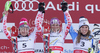 Winner Marlies Schild of Austria (M), second placed Kathrin Zettel of Austria (L) and third placed Maria Pietilae-Holmner of Sweden (R) celebrate their medals won in Women slalom race of FIS alpine skiing World Championships in Garmisch-Partenkirchen, Germany. Women slalom race of FIS alpine skiing World Championships, was held on Saturday, 19th of February 2011, in Garmisch-Partenkirchen, Germany.
