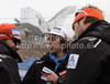 Finnish coach Janez Slivnik (L) and Andreas Romar (R) in discussion after first run of Men slalom race of FIS alpine skiing World Championships in Garmisch-Partenkirchen, Germany. Men slalom race of FIS alpine skiing World Championships, was held on Sunday, 20th of February 2011, in Garmisch-Partenkirchen, Germany.
