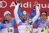 Winner Jean-Baptiste Grange of France (M), second placed Jens Byggmark of Sweden (L) and third placed Manfred Moelgg of Italy (R) celebrate their medals won in Men slalom race of FIS alpine skiing World Championships in Garmisch-Partenkirchen, Germany. Men slalom race of FIS alpine skiing World Championships, was held on Sunday, 20th of February 2011, in Garmisch-Partenkirchen, Germany.
