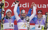 Winner Jean-Baptiste Grange of France (M), second placed Jens Byggmark of Sweden (L) and third placed Manfred Moelgg of Italy (R) celebrate their medals won in Men slalom race of FIS alpine skiing World Championships in Garmisch-Partenkirchen, Germany. Men slalom race of FIS alpine skiing World Championships, was held on Sunday, 20th of February 2011, in Garmisch-Partenkirchen, Germany.
