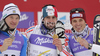 Winner Jean-Baptiste Grange of France (M), second placed Jens Byggmark of Sweden (L) and third placed Manfred Moelgg of Italy (R) celebrate their medals won in Men slalom race of FIS alpine skiing World Championships in Garmisch-Partenkirchen, Germany. Men slalom race of FIS alpine skiing World Championships, was held on Sunday, 20th of February 2011, in Garmisch-Partenkirchen, Germany.
