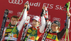 Winner Carlo Janka of Switzerland (M), second placed Alexis Pinturault of France (L) and third placed Ted Ligety of USA (R) celebrate their medals won in Men giant slalom race of Audi FIS alpine skiing World Cup 2010-2011 in Kranjska Gora, Slovenia. Men giant slalom race of FIS alpine skiing World Championships, was held on Saturday, 5th of March 2011, in Kranjska Gora, Slovenia.
