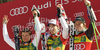 Winner Carlo Janka of Switzerland (M), second placed Alexis Pinturault of France (L) and third placed Ted Ligety of USA (R) celebrate their medals won in Men giant slalom race of Audi FIS alpine skiing World Cup 2010-2011 in Kranjska Gora, Slovenia. Men giant slalom race of FIS alpine skiing World Championships, was held on Saturday, 5th of March 2011, in Kranjska Gora, Slovenia.
