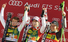 Winner Carlo Janka of Switzerland (M), second placed Alexis Pinturault of France (L) and third placed Ted Ligety of USA (R) celebrate their medals won in Men giant slalom race of Audi FIS alpine skiing World Cup 2010-2011 in Kranjska Gora, Slovenia. Men giant slalom race of FIS alpine skiing World Championships, was held on Saturday, 5th of March 2011, in Kranjska Gora, Slovenia.
