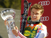 Second placed Alexis Pinturault of France celebrates his medal won in Men giant slalom race of Audi FIS alpine skiing World Cup 2010-2011 in Kranjska Gora, Slovenia. Men giant slalom race of FIS alpine skiing World Championships, was held on Saturday, 5th of March 2011, in Kranjska Gora, Slovenia.
