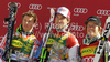 Winner Carlo Janka of Switzerland (M), second placed Alexis Pinturault of France (L) and third placed Ted Ligety of USA (R) celebrate their medals won in Men giant slalom race of Audi FIS alpine skiing World Cup 2010-2011 in Kranjska Gora, Slovenia. Men giant slalom race of FIS alpine skiing World Championships, was held on Saturday, 5th of March 2011, in Kranjska Gora, Slovenia.

