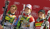 Winner Carlo Janka of Switzerland (M), second placed Alexis Pinturault of France (L) and third placed Ted Ligety of USA (R) celebrate their medals won in Men giant slalom race of Audi FIS alpine skiing World Cup 2010-2011 in Kranjska Gora, Slovenia. Men giant slalom race of FIS alpine skiing World Championships, was held on Saturday, 5th of March 2011, in Kranjska Gora, Slovenia.
