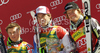Winner Carlo Janka of Switzerland (M), second placed Alexis Pinturault of France (L) and third placed Ted Ligety of USA (R) celebrate their medals won in Men giant slalom race of Audi FIS alpine skiing World Cup 2010-2011 in Kranjska Gora, Slovenia. Men giant slalom race of FIS alpine skiing World Championships, was held on Saturday, 5th of March 2011, in Kranjska Gora, Slovenia.
