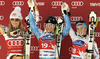 Anja Paerson of Sweden (M) Lindsey Vonn of USA (L) Elisabeth Goergl of Austria (R) celebrates her medal won in Women downhill race of Audi FIS alpine skiing World Cup 2010-2011 in Tarvisio, Italy. Women downhill race of Audi FIS alpine skiing World Cup 2010-2011, was held on Saturday, 5th of March 2011, in Tarvisio, Italy.
