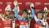 Anja Paerson of Sweden (M) Lindsey Vonn of USA (L) Elisabeth Goergl of Austria (R) celebrates her medal won in Women downhill race of Audi FIS alpine skiing World Cup 2010-2011 in Tarvisio, Italy. Women downhill race of Audi FIS alpine skiing World Cup 2010-2011, was held on Saturday, 5th of March 2011, in Tarvisio, Italy.
